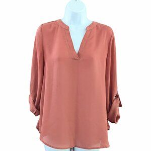 Dearcase Women’s Dusty Coral Blouse Medium roll-up sleeve buckle tab - EUC